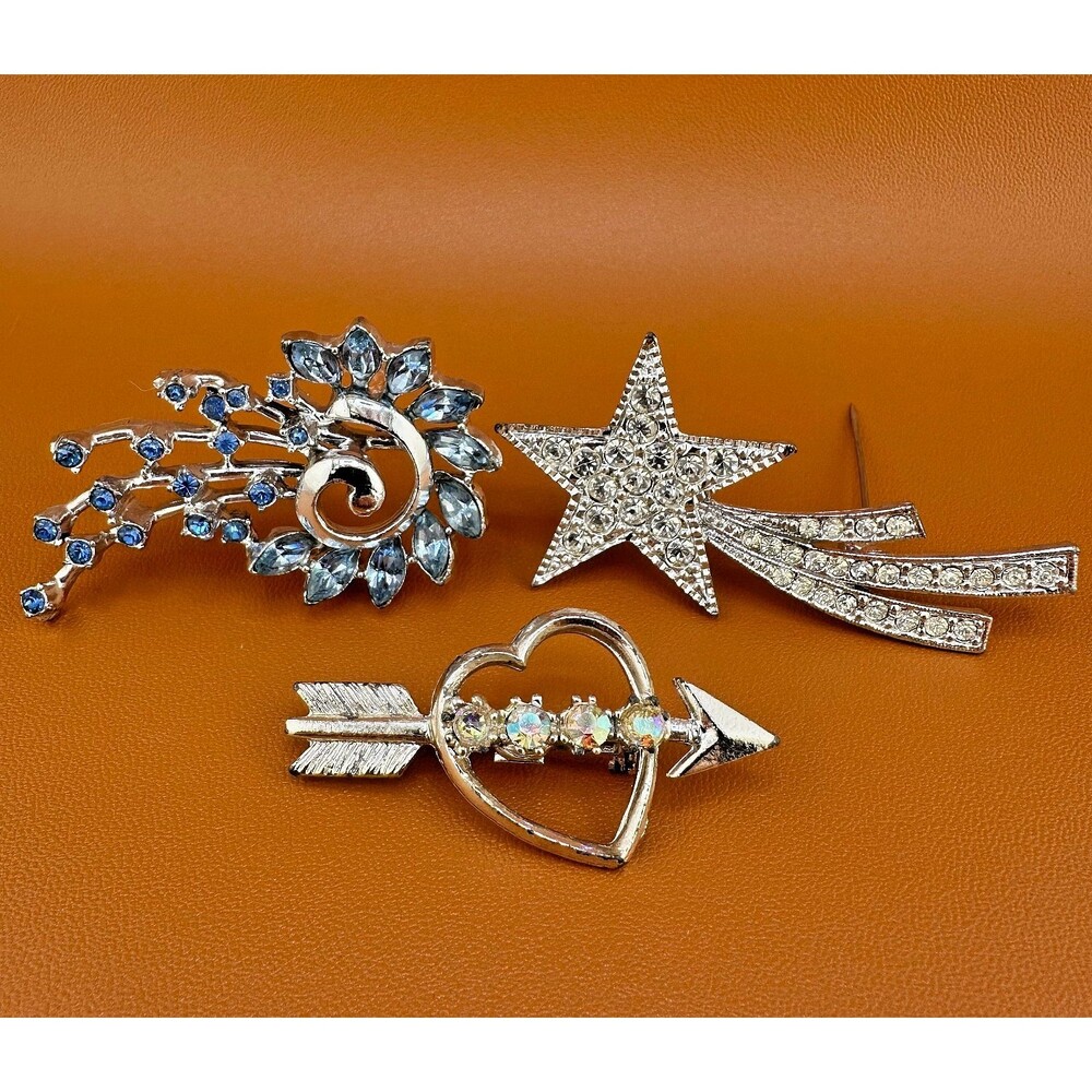 Vintage Rhinestone Brooch Lot Shooting Star Sunburst Heart Arrow Blue Clear AB